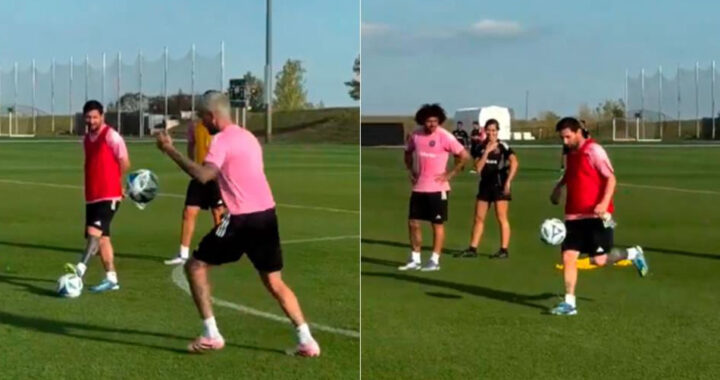 Messi anota un gol imposible durante el entrenamiento en un desafío con Rodrigo De Paul